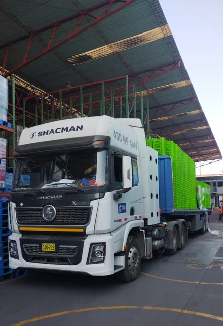 Consolidación de carga en almacén junto a camión Shacman